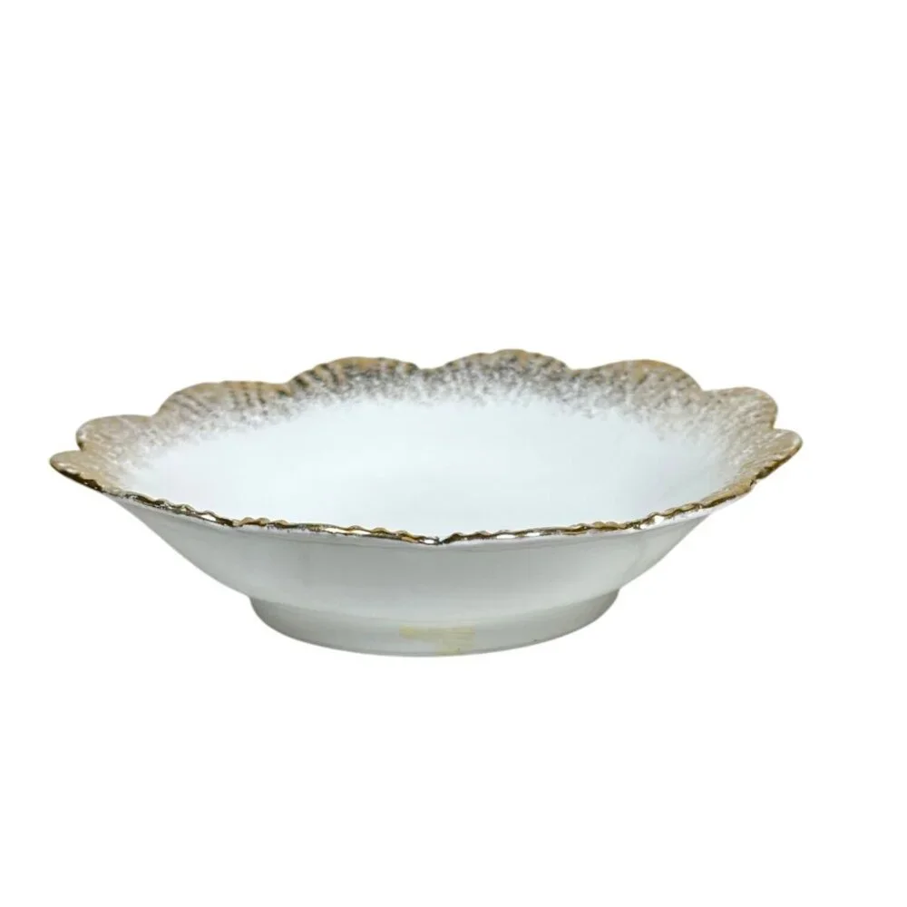 Vintage Milk Glass Petite Trinket Dish Scalloped Bowl Gilt Rim Vanity Decor